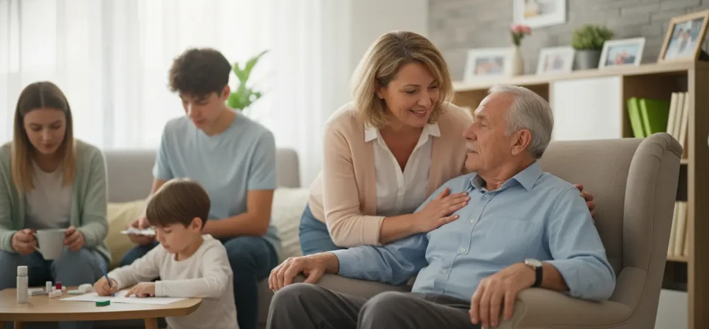 Femme souriante aidant un homme âgé assis dans un fauteuil, tandis que des adolescents et un enfant sont occupés dans le salon, illustrant le soutien familial et l'aide aux seniors